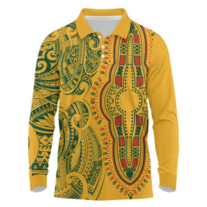 Dashiki and Polynesian Pattern Long Sleeve Polo Shirt Afro Pacific Culture Gold Version