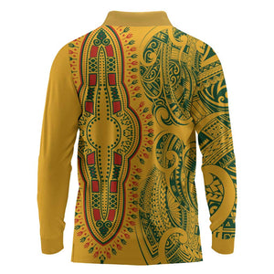 Dashiki and Polynesian Pattern Long Sleeve Polo Shirt Afro Pacific Culture Gold Version