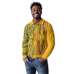 Dashiki and Polynesian Pattern Long Sleeve Polo Shirt Afro Pacific Culture Gold Version