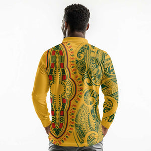 Dashiki and Polynesian Pattern Long Sleeve Polo Shirt Afro Pacific Culture Gold Version