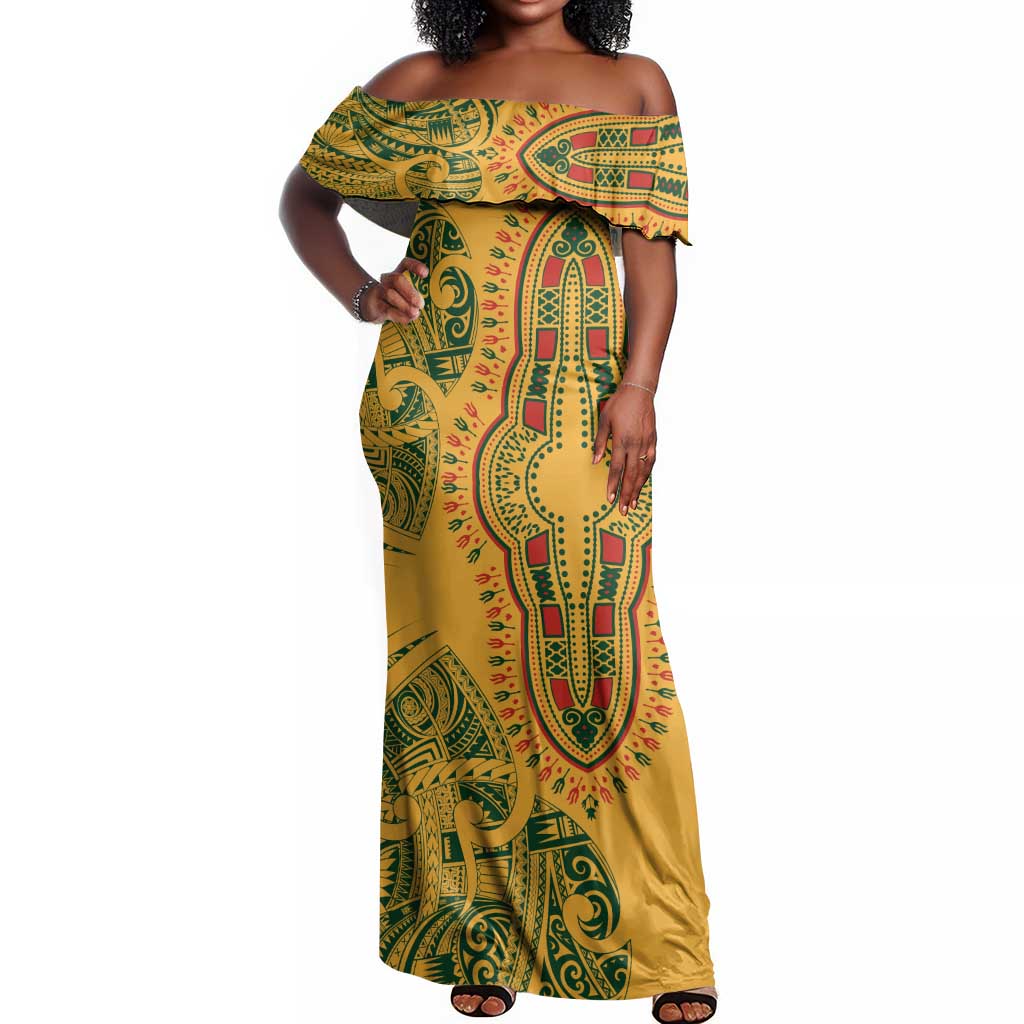 Dashiki and Polynesian Pattern Off Shoulder Maxi Dress Afro Pacific Culture Gold Version