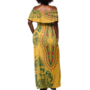 Dashiki and Polynesian Pattern Off Shoulder Maxi Dress Afro Pacific Culture Gold Version