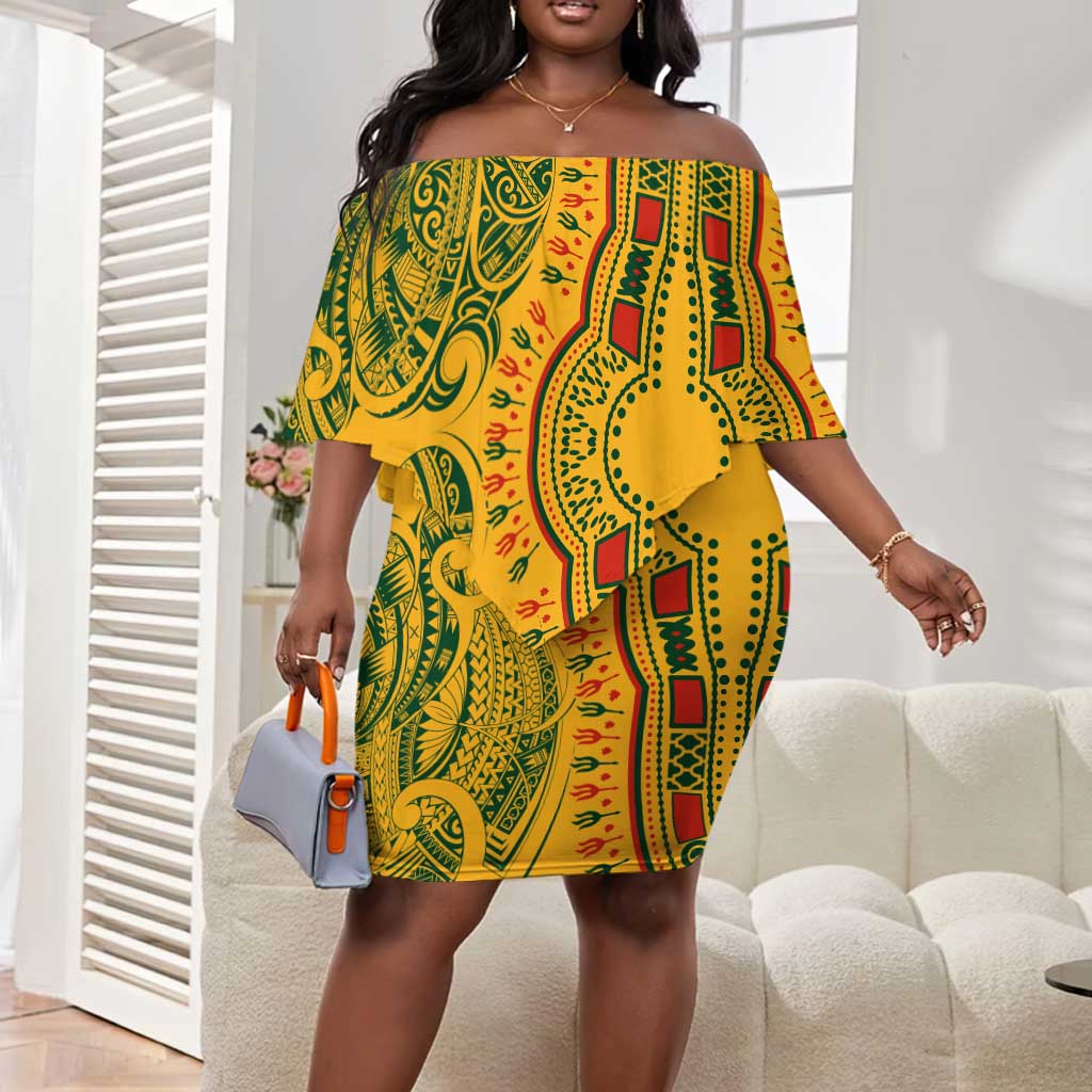 Dashiki and Polynesian Pattern Off Shoulder Short Dress Afro Pacific Culture Gold Version