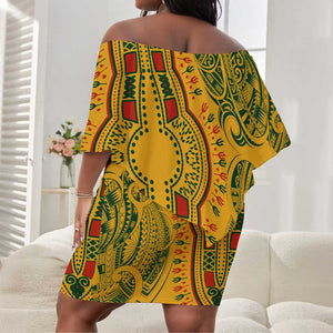 Dashiki and Polynesian Pattern Off Shoulder Short Dress Afro Pacific Culture Gold Version