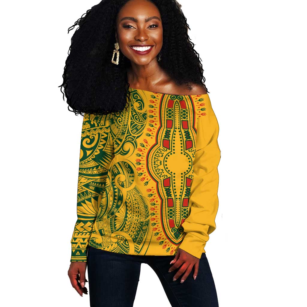 Dashiki and Polynesian Pattern Off Shoulder Sweater Afro Pacific Culture Gold Version