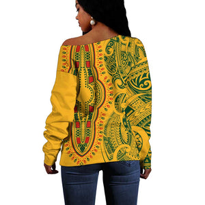 Dashiki and Polynesian Pattern Off Shoulder Sweater Afro Pacific Culture Gold Version