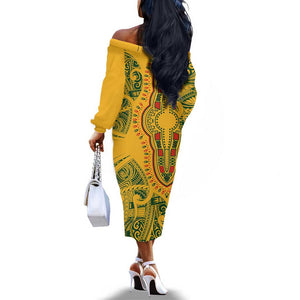 Dashiki and Polynesian Pattern Off The Shoulder Long Sleeve Dress Afro Pacific Culture Gold Version