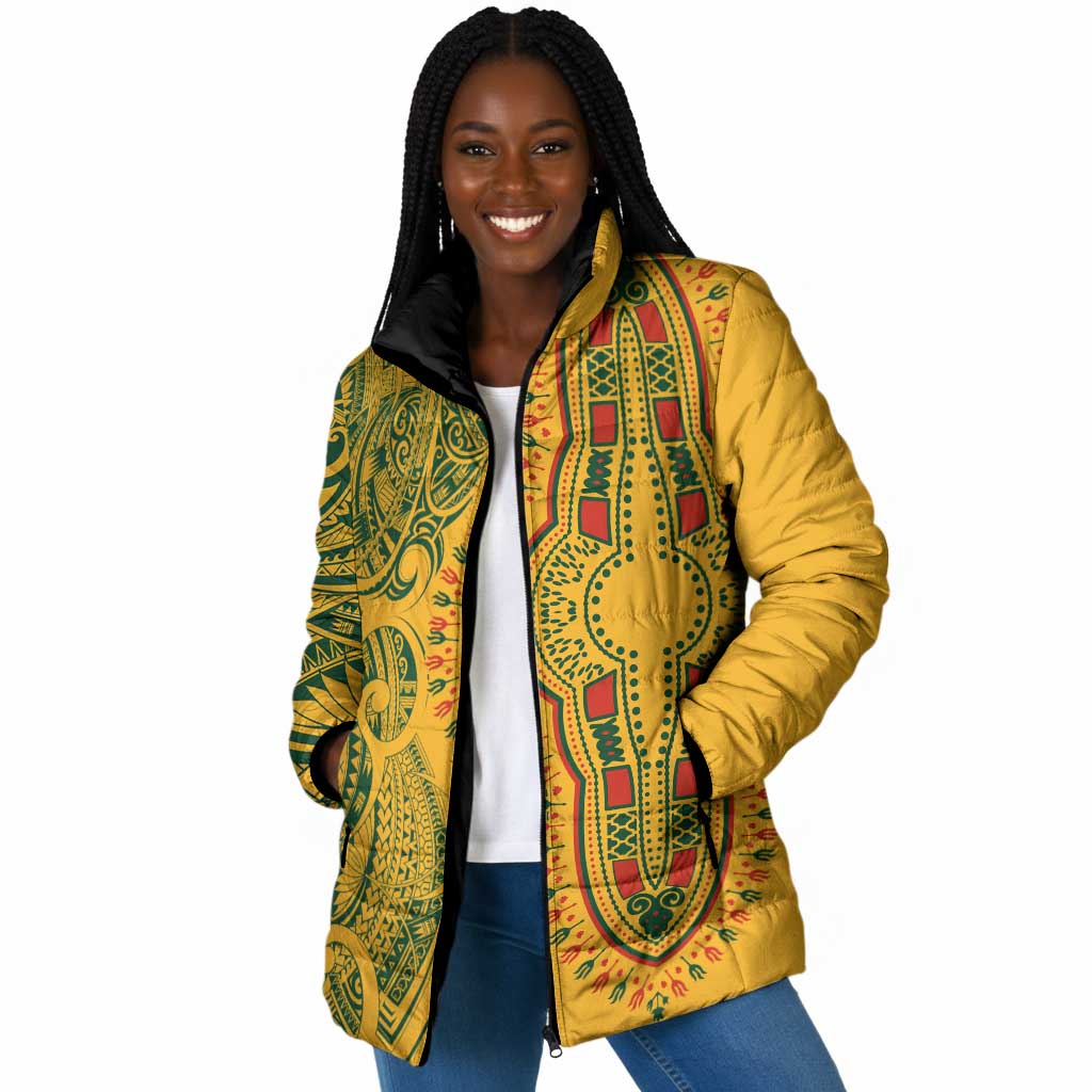 Dashiki and Polynesian Pattern Padded Jacket Afro Pacific Culture Gold Version