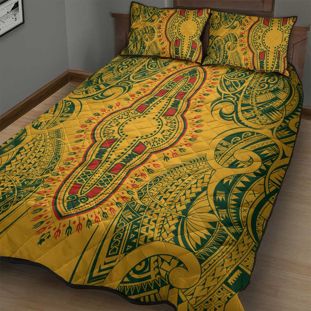 Dashiki and Polynesian Pattern Quilt Bed Set Afro Pacific Culture Gold Version
