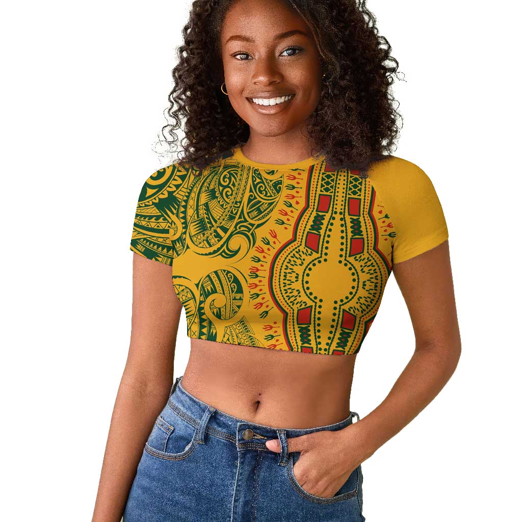 Dashiki and Polynesian Pattern Raglan Cropped T shirt Afro Pacific Culture Gold Version