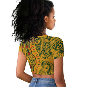 Dashiki and Polynesian Pattern Raglan Cropped T shirt Afro Pacific Culture Gold Version