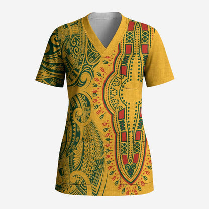 Dashiki and Polynesian Pattern Scrub Top Afro Pacific Culture Gold Version