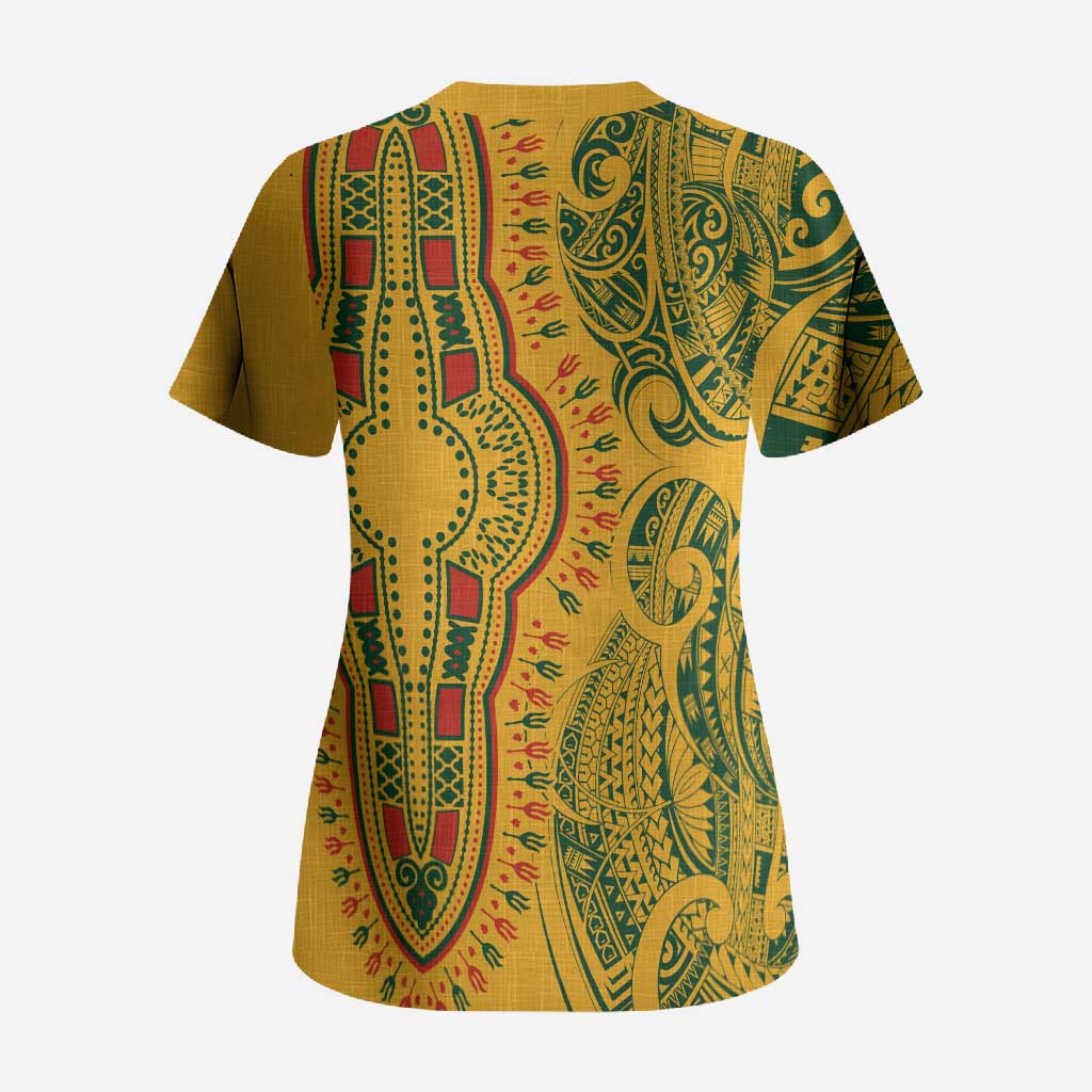 Dashiki and Polynesian Pattern Scrub Top Afro Pacific Culture Gold Version