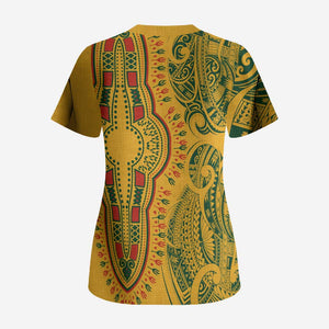 Dashiki and Polynesian Pattern Scrub Top Afro Pacific Culture Gold Version
