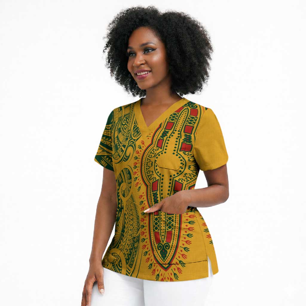 Dashiki and Polynesian Pattern Scrub Top Afro Pacific Culture Gold Version