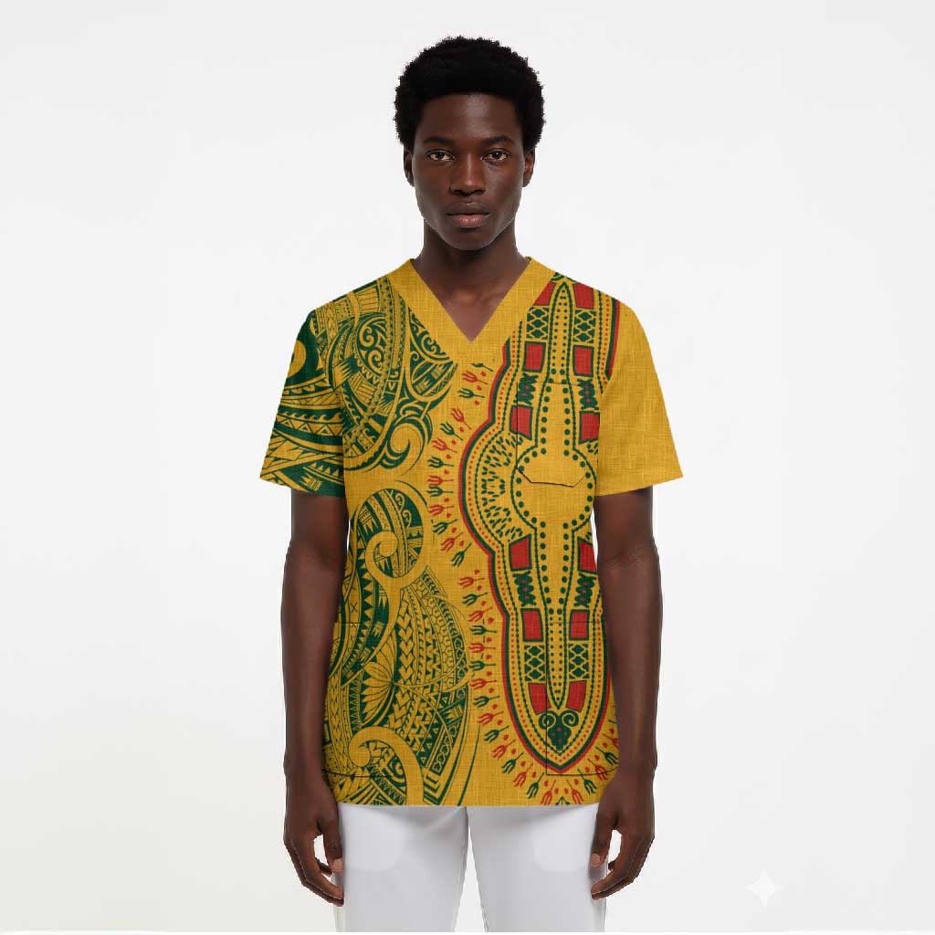 Dashiki and Polynesian Pattern Scrub Top Afro Pacific Culture Gold Version