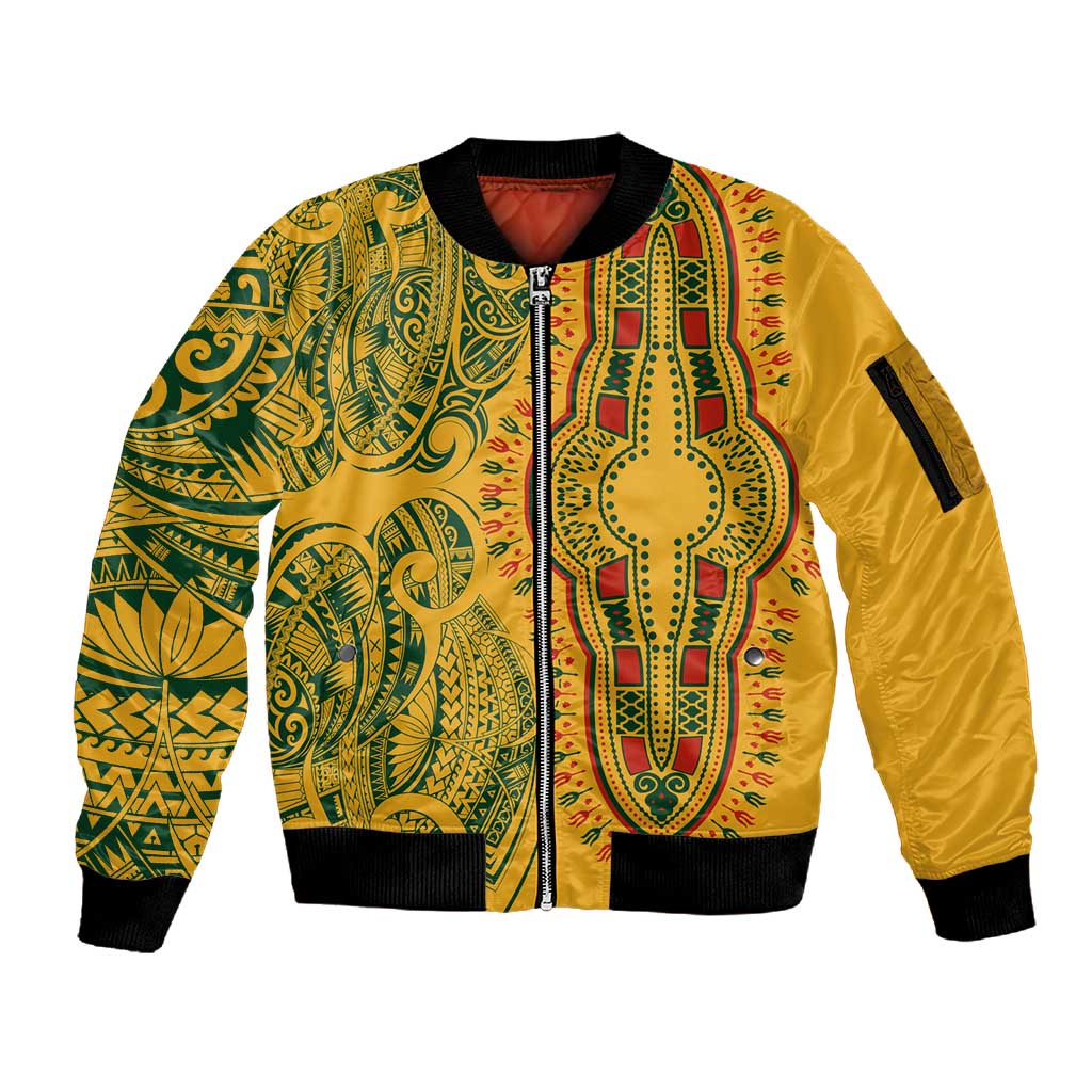 Dashiki and Polynesian Pattern Sleeve Zip Bomber Jacket Afro Pacific Culture Gold Version