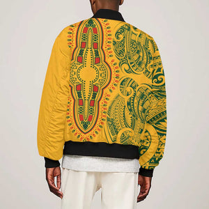 Dashiki and Polynesian Pattern Sleeve Zip Bomber Jacket Afro Pacific Culture Gold Version