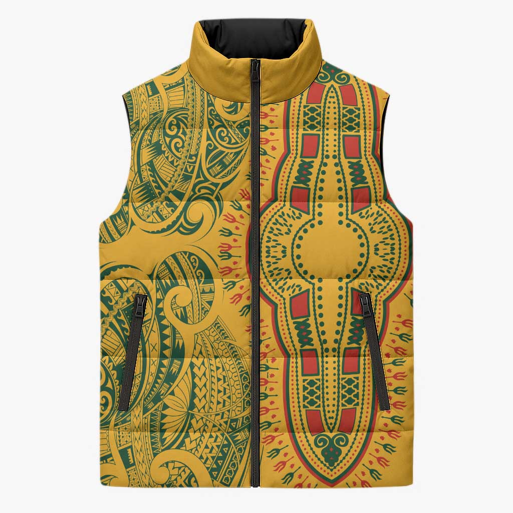 Dashiki and Polynesian Pattern Sleeveless Puffer Jacket Afro Pacific Culture Gold Version