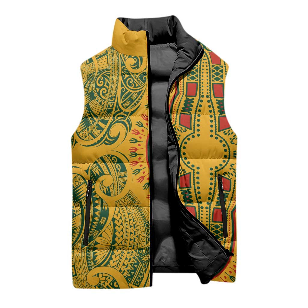 Dashiki and Polynesian Pattern Sleeveless Puffer Jacket Afro Pacific Culture Gold Version