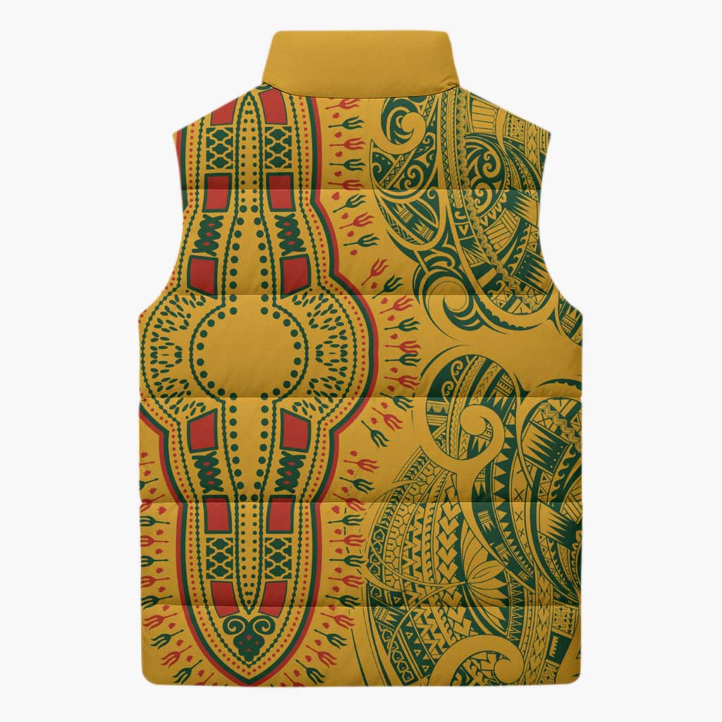 Dashiki and Polynesian Pattern Sleeveless Puffer Jacket Afro Pacific Culture Gold Version