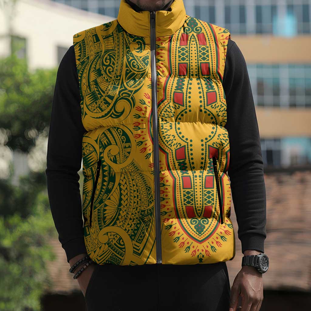 Dashiki and Polynesian Pattern Sleeveless Puffer Jacket Afro Pacific Culture Gold Version