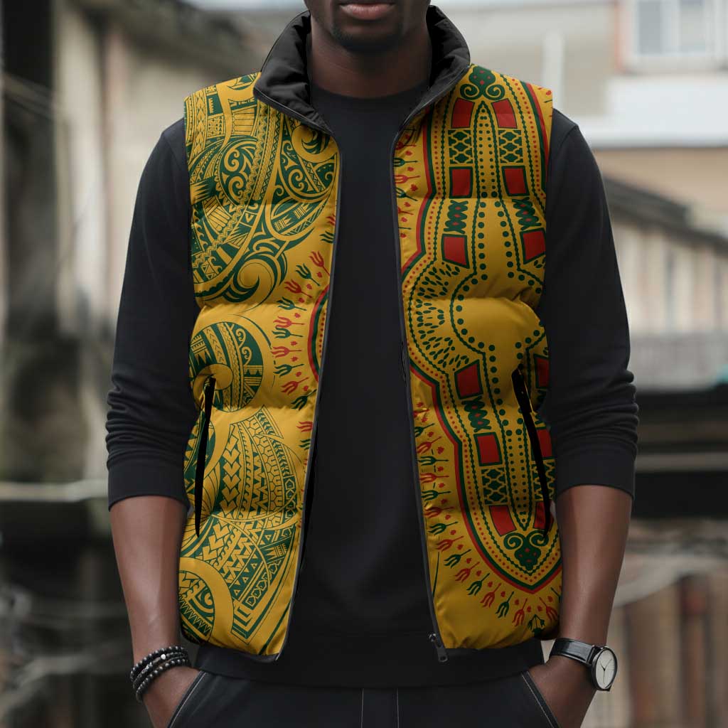 Dashiki and Polynesian Pattern Sleeveless Puffer Jacket Afro Pacific Culture Gold Version