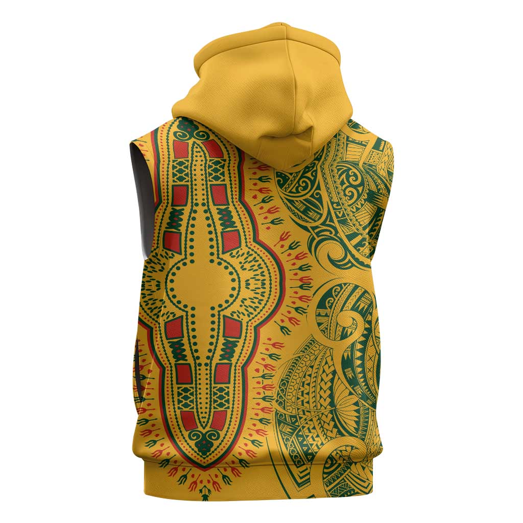 Dashiki and Polynesian Pattern Sleeveless Zip Hoodie Afro Pacific Culture Gold Version - African Pride