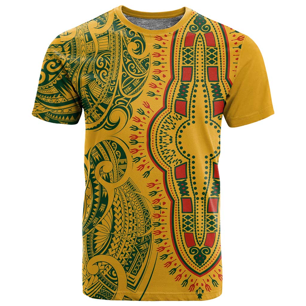 Dashiki and Polynesian Pattern T shirt Afro Pacific Culture Gold Version