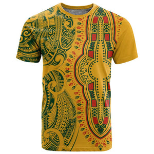 Dashiki and Polynesian Pattern T shirt Afro Pacific Culture Gold Version