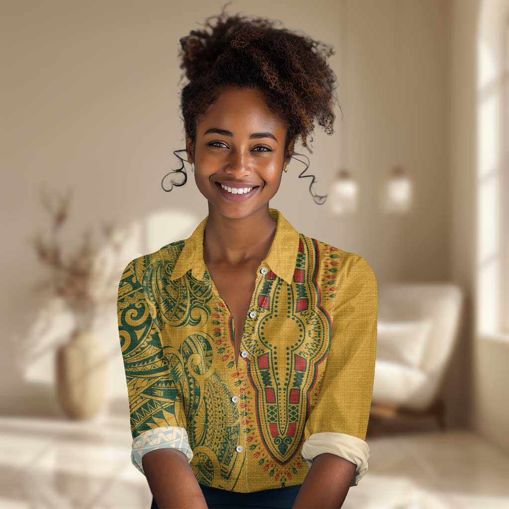 Dashiki and Polynesian Pattern Women Casual Shirt Afro Pacific Culture Gold Version