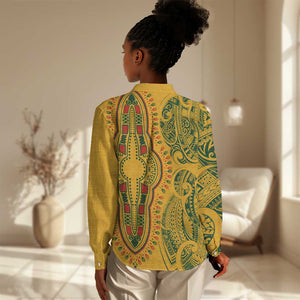 Dashiki and Polynesian Pattern Women Casual Shirt Afro Pacific Culture Gold Version