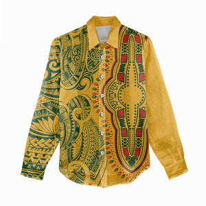 Dashiki and Polynesian Pattern Women Casual Shirt Afro Pacific Culture Gold Version