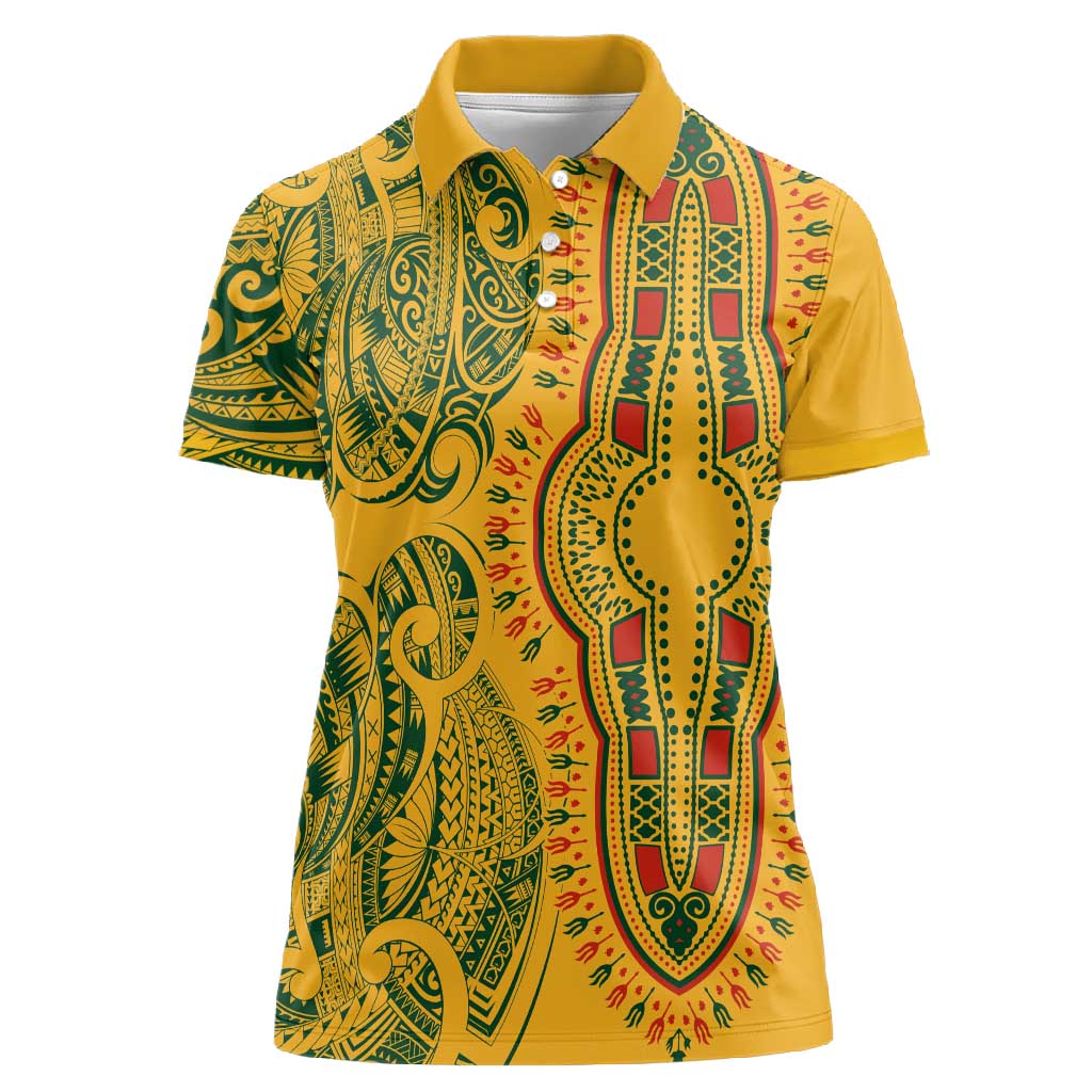 Dashiki and Polynesian Pattern Women Polo Shirt Afro Pacific Culture Gold Version