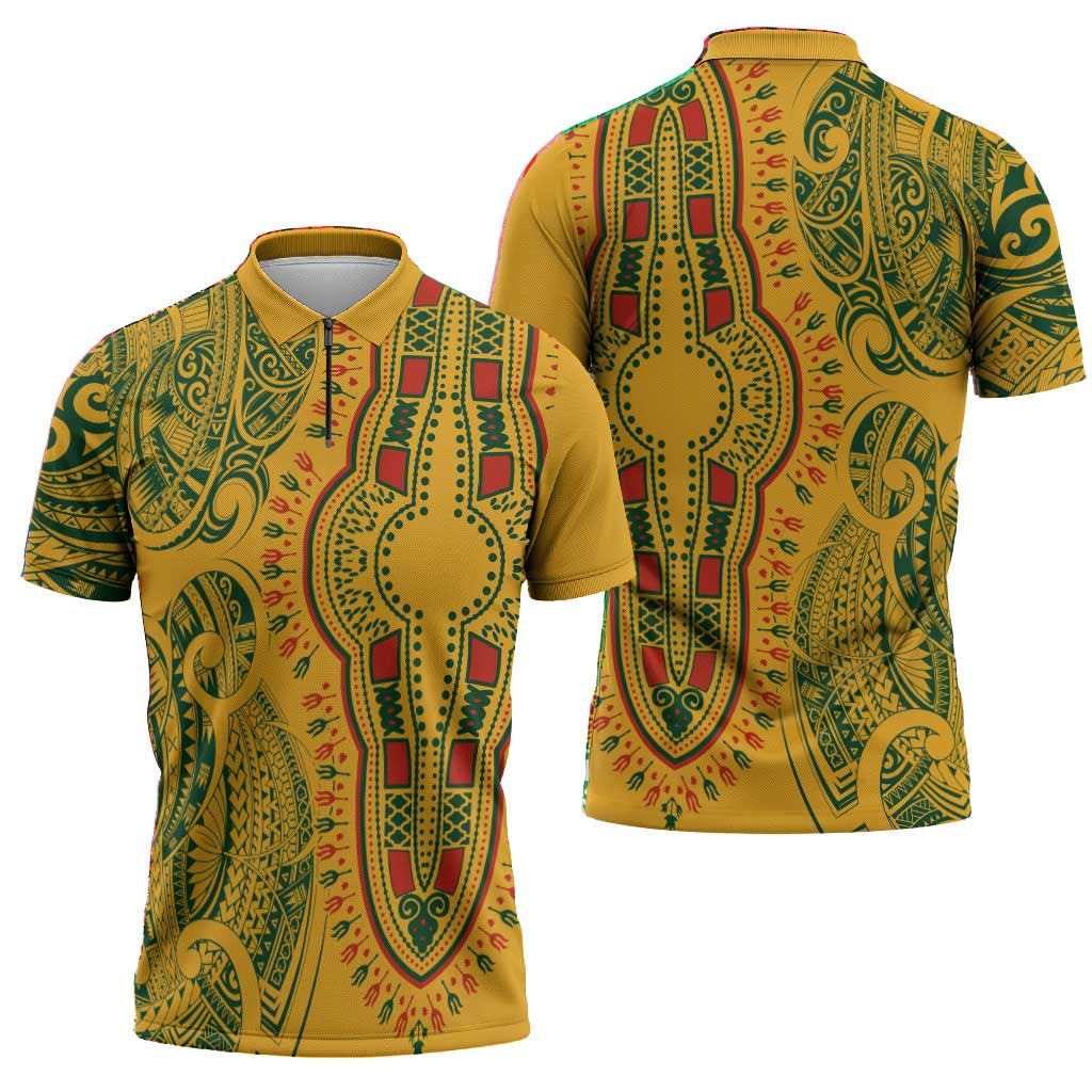 Dashiki and Polynesian Pattern Zipper Polo Shirt Afro Pacific Culture Gold Version