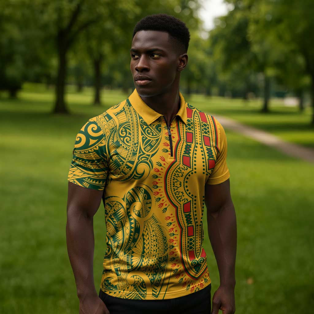 Dashiki and Polynesian Pattern Zipper Polo Shirt Afro Pacific Culture Gold Version