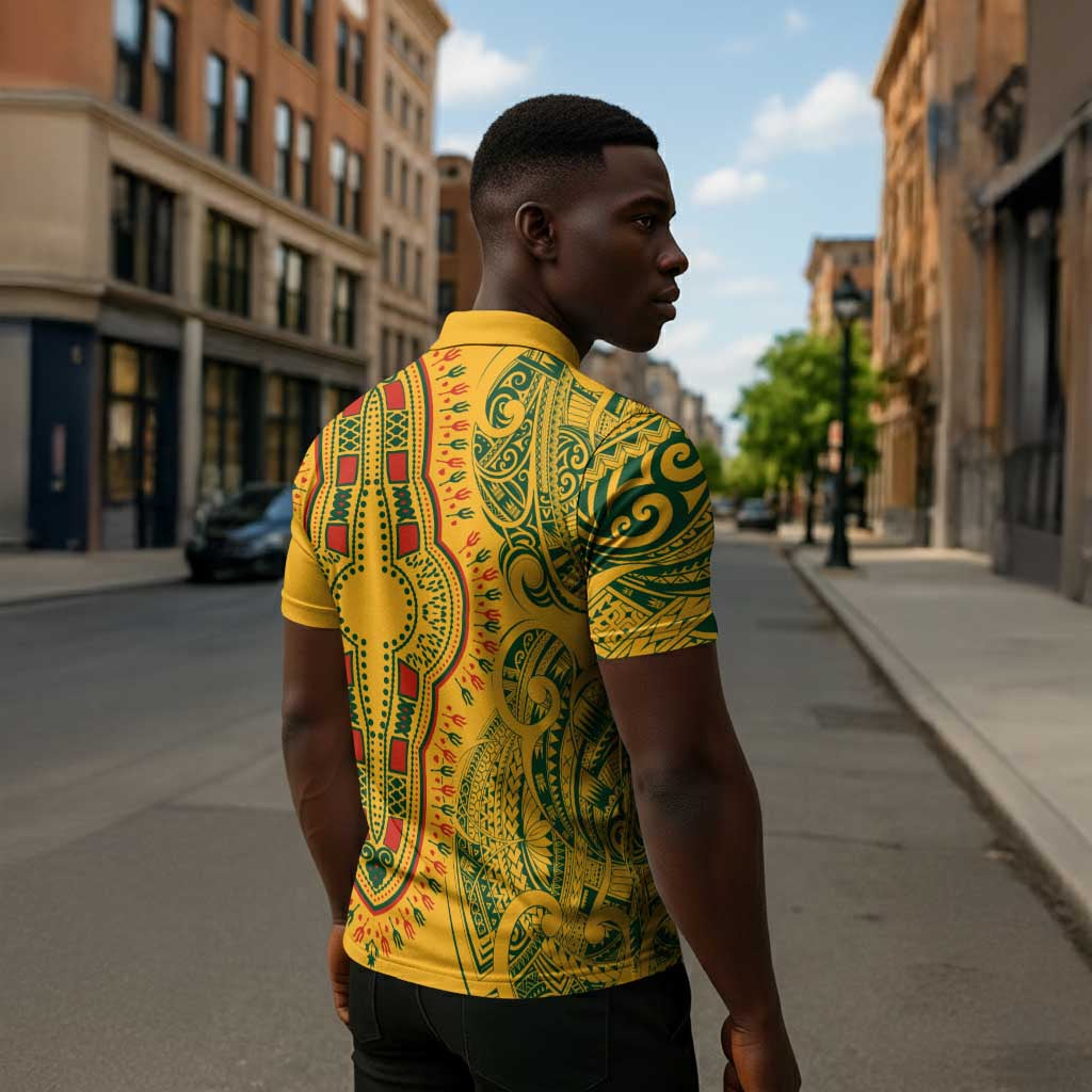 Dashiki and Polynesian Pattern Zipper Polo Shirt Afro Pacific Culture Gold Version