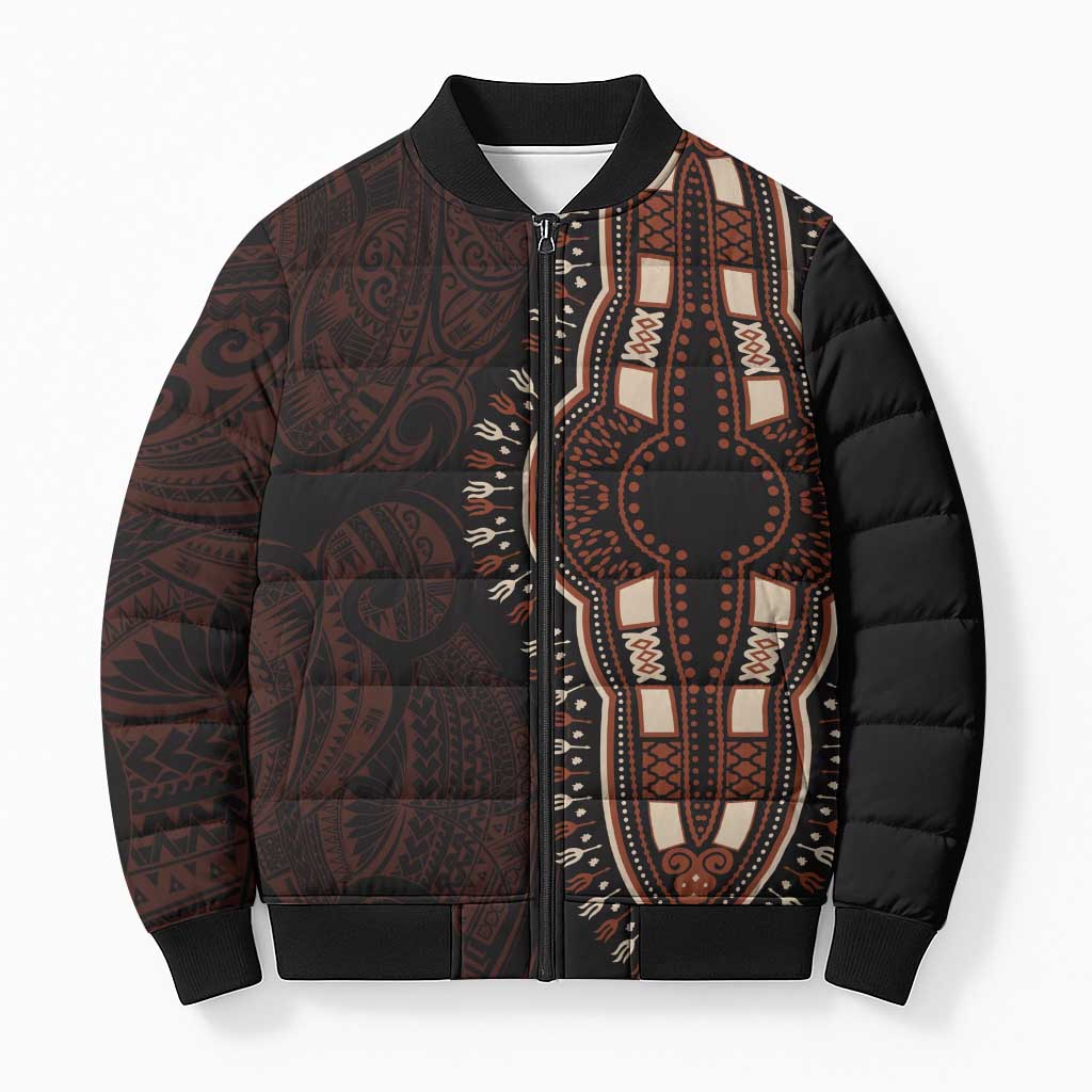 Dashiki and Polynesian Pattern Bomber Puffer Jacket Afro Pacific Culture Red Version
