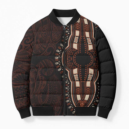 Dashiki and Polynesian Pattern Bomber Puffer Jacket Afro Pacific Culture Red Version