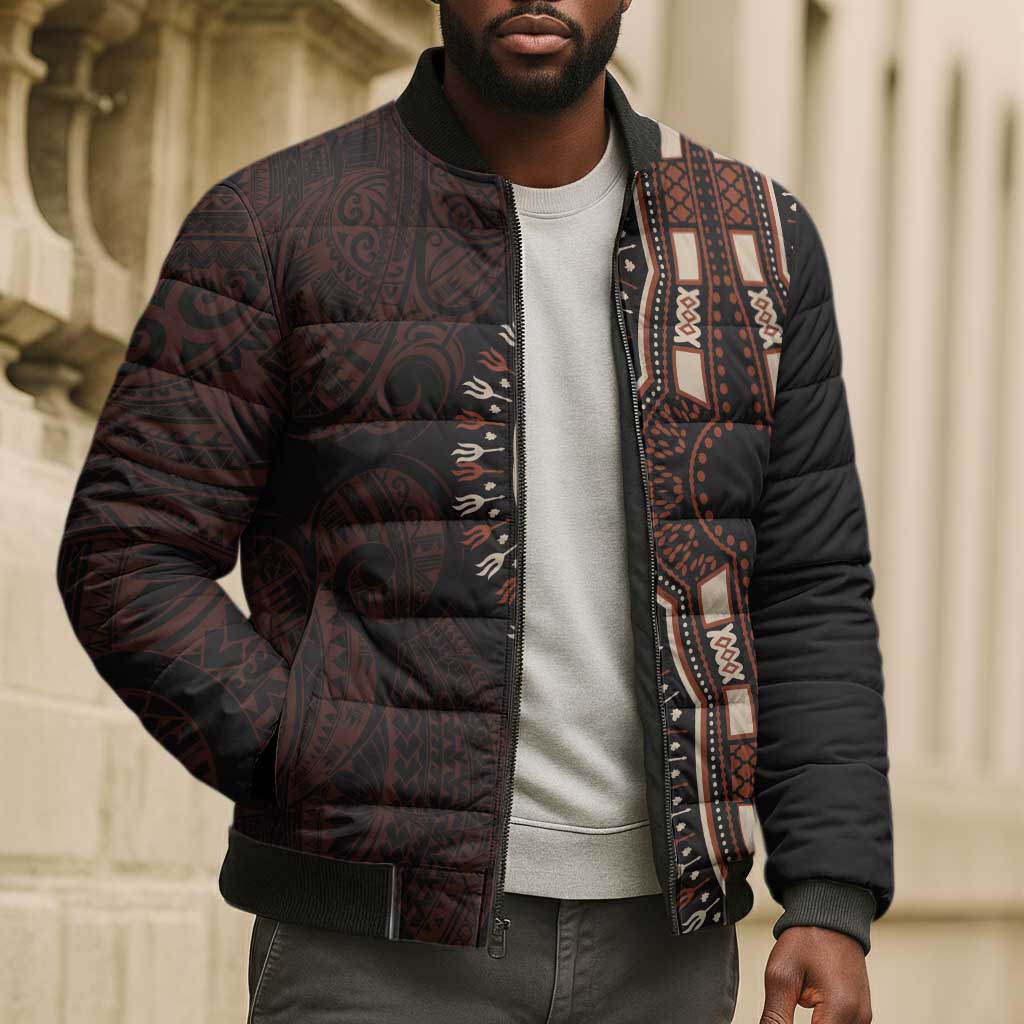 Dashiki and Polynesian Pattern Bomber Puffer Jacket Afro Pacific Culture Red Version