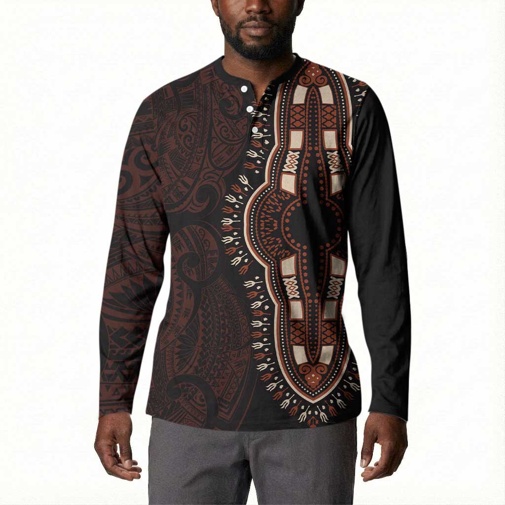 Dashiki and Polynesian Pattern Button Sweatshirt Afro Pacific Culture Red Version