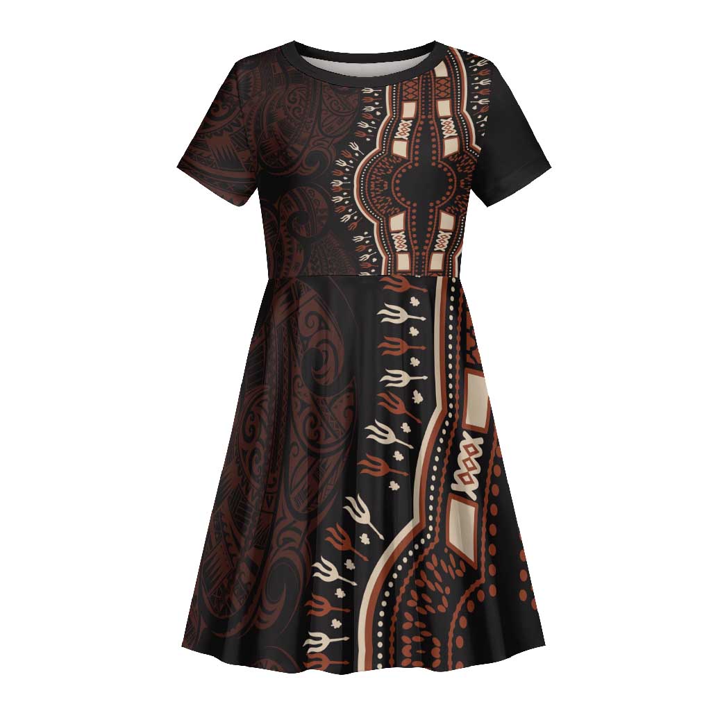 Dashiki and Polynesian Pattern Kid Short Sleeve Dress Afro Pacific Culture Red Version