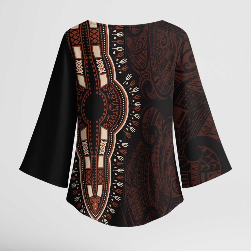 Dashiki and Polynesian Pattern Kimono Sleeve Blouse Afro Pacific Culture Red Version