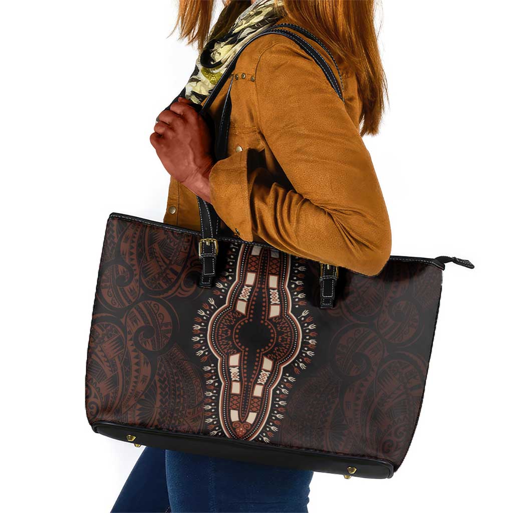 Dashiki and Polynesian Pattern Leather Tote Bag Afro Pacific Culture Red Version