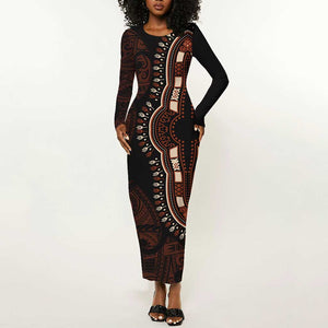 Dashiki and Polynesian Pattern Long Sleeve Bodycon Dress Afro Pacific Culture Red Version