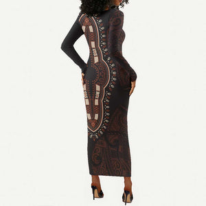 Dashiki and Polynesian Pattern Long Sleeve Bodycon Dress Afro Pacific Culture Red Version