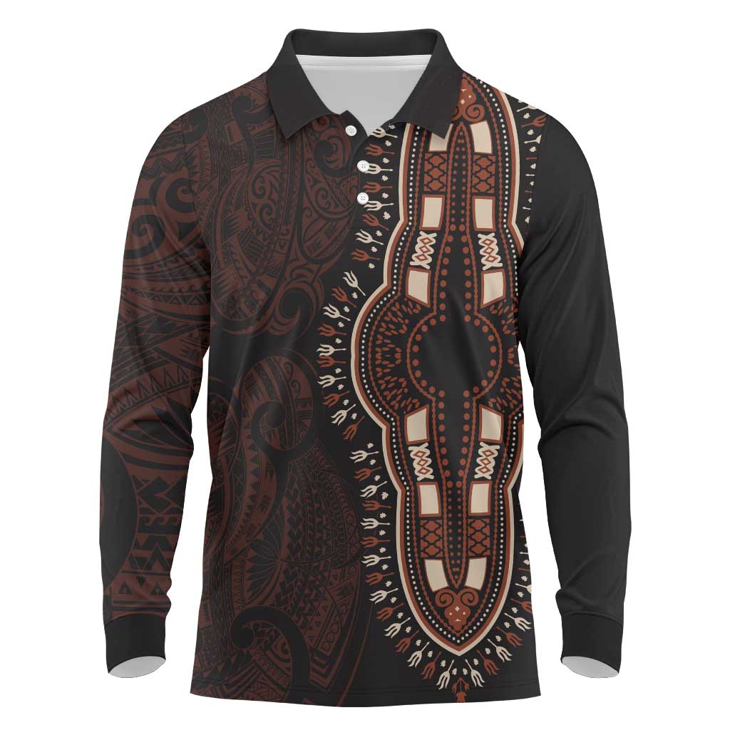 Dashiki and Polynesian Pattern Long Sleeve Polo Shirt Afro Pacific Culture Red Version