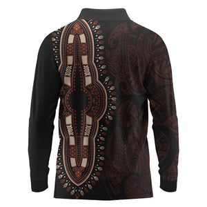 Dashiki and Polynesian Pattern Long Sleeve Polo Shirt Afro Pacific Culture Red Version