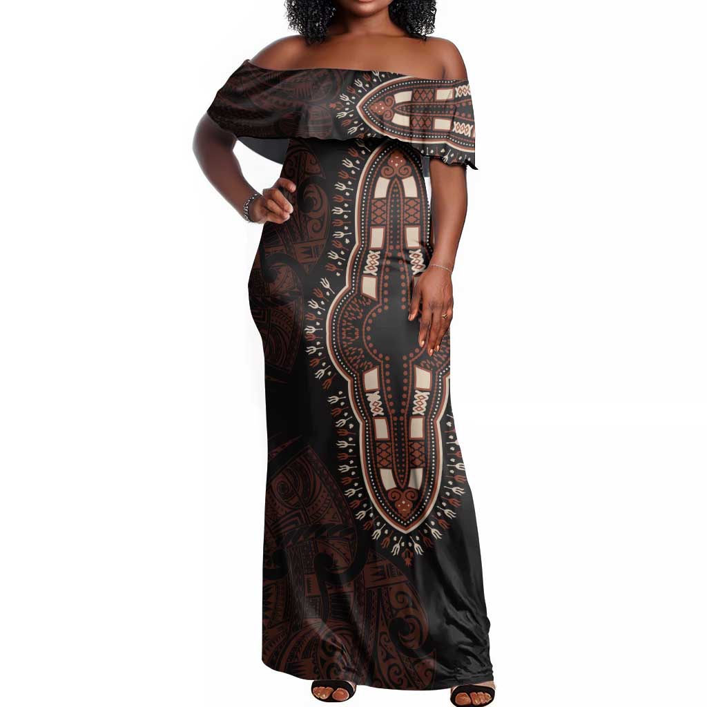 Dashiki and Polynesian Pattern Off Shoulder Maxi Dress Afro Pacific Culture Red Version