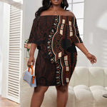 Dashiki and Polynesian Pattern Off Shoulder Short Dress Afro Pacific Culture Red Version